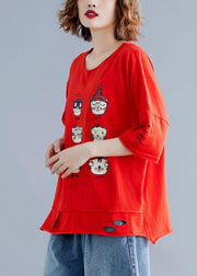 Women Hole cotton tunics for women Christmas Gifts red blouse summer - SooLinen