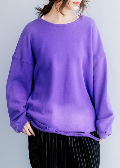 Women Hole hem cotton o neck clothes Neckline purple shirt - SooLinen