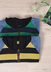 Women Hooded Sring Shirts Green Striped Tops - SooLinen