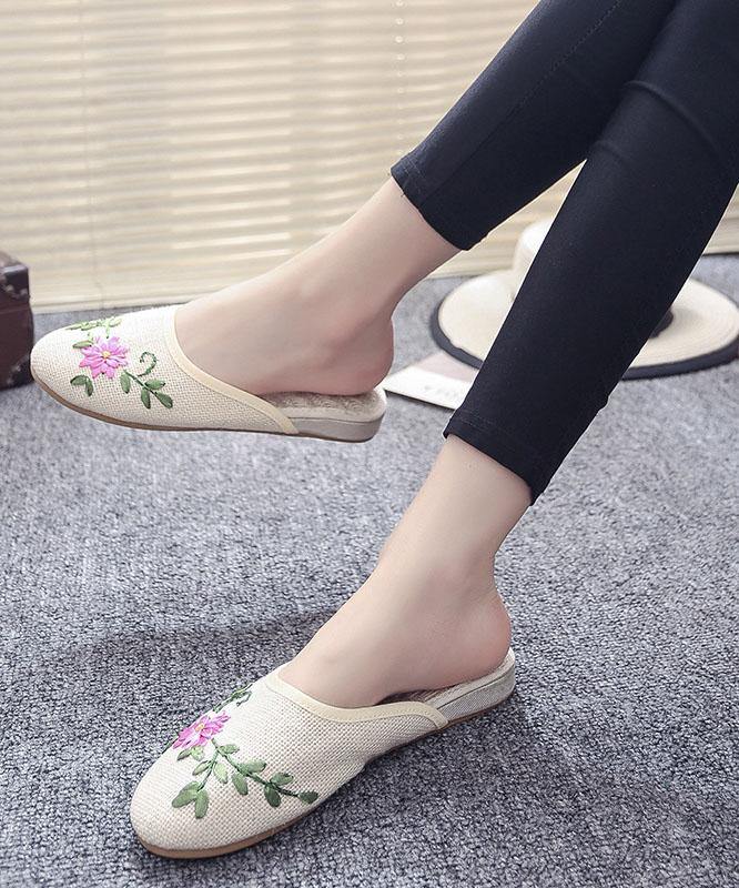 Women Khaki Embroideried Linen Fabric Slippers Shoes - SooLinen