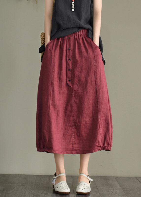 Women Khaki Linen Elastic Waist Button Skirt - SooLinen