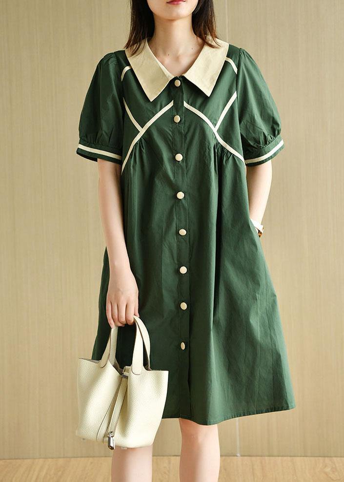 Women Khaki Loose Puff Sleeve A Line Summer Cotton Dress - SooLinen