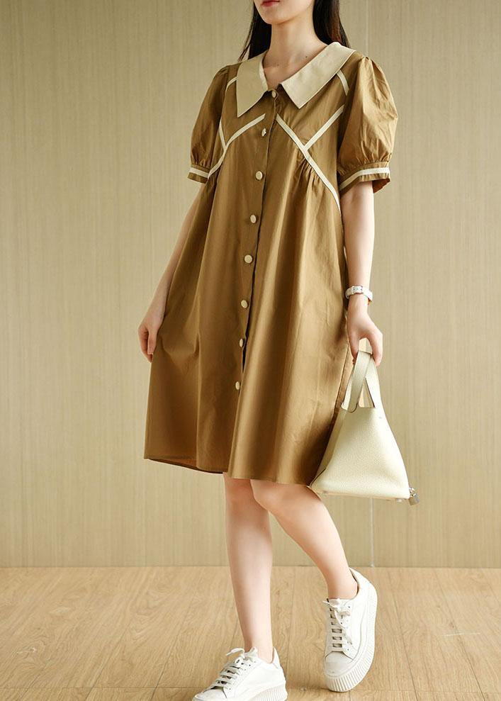 Women Khaki Loose Puff Sleeve A Line Summer Cotton Dress - SooLinen