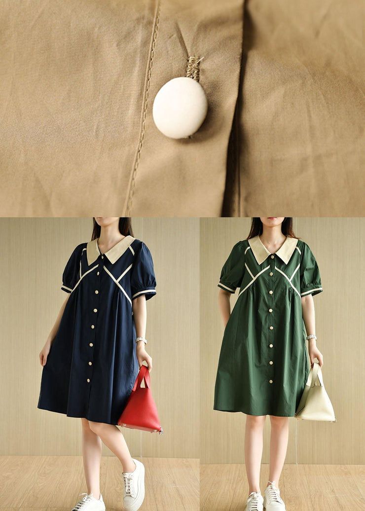 Women Khaki Loose Puff Sleeve A Line Summer Cotton Dress - SooLinen