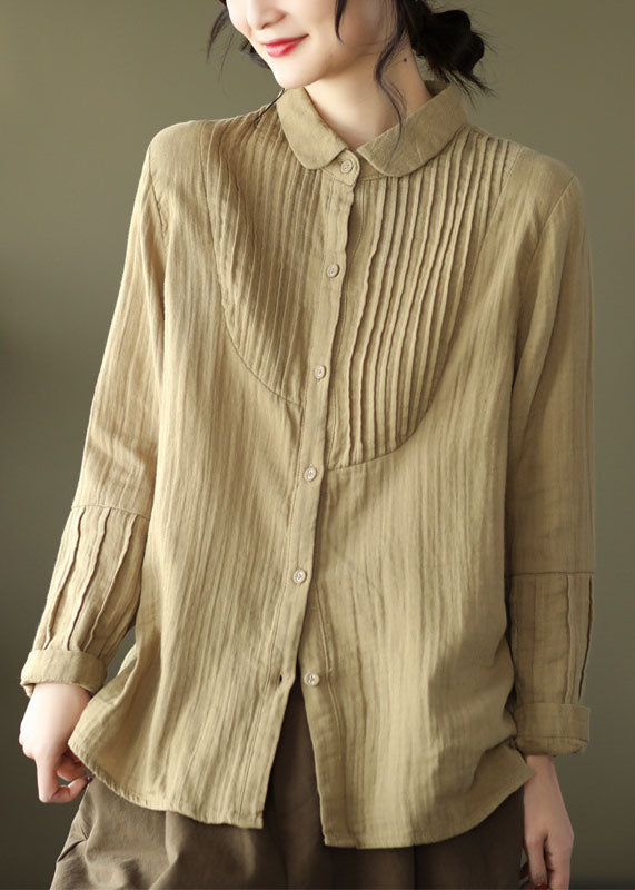 Women Khaki Peter Pan Collar wrinkled Cotton Shirt Spring