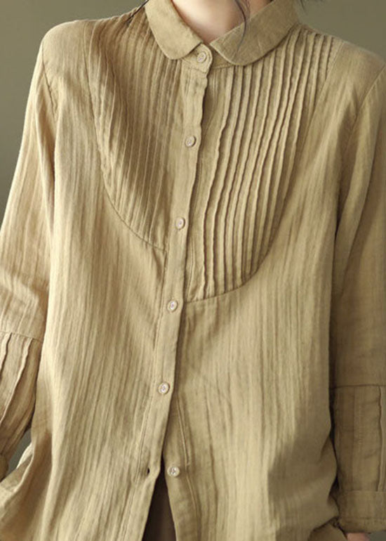 Women Khaki Peter Pan Collar wrinkled Cotton Shirt Spring