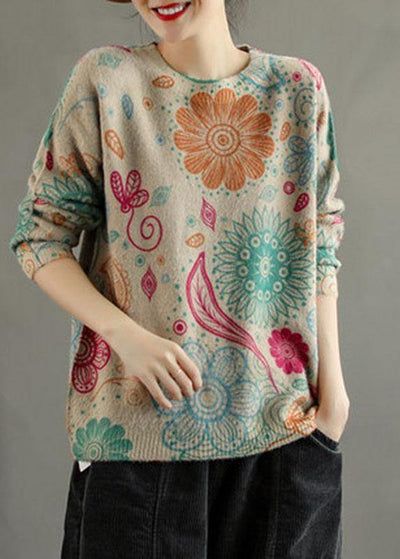 Women Khaki Retro Print Floral Knitted Sweaters Top - SooLinen