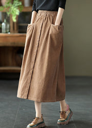 Women Khaki elastic waist button Pockets Corduroy Skirts Spring