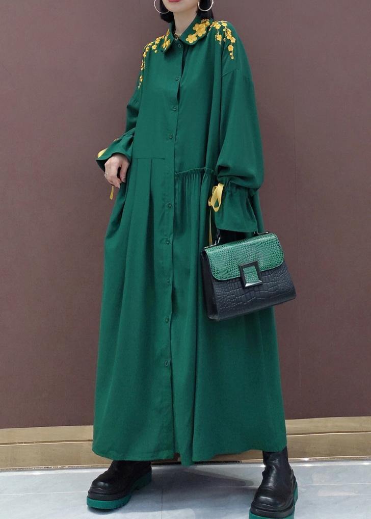 Women Lapel Cinched Spring Fashion Ideas Green Embroidery Long Dresses - SooLinen