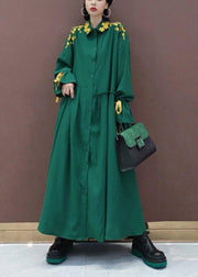 Women Lapel Cinched Spring Fashion Ideas Green Embroidery Long Dresses - SooLinen