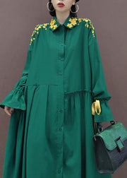 Women Lapel Cinched Spring Fashion Ideas Green Embroidery Long Dresses - SooLinen