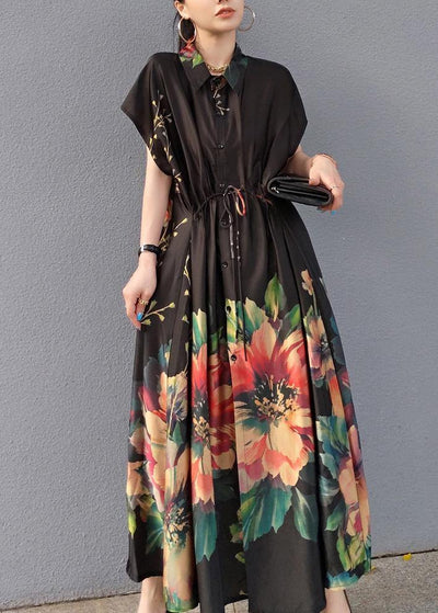 Women Lapel Drawstring Spring Tunic Sleeve Black Print Robe Dresses - SooLinen