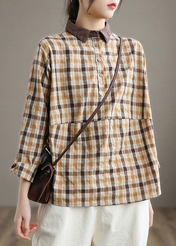 Women Lapel Patchwork Spring Shirts Fabrics Lighe Orange Plaid Blouses - SooLinen