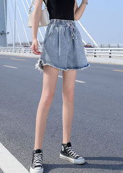 Women Light Blue Elastic Waist drawstring Asymmetrical Pockets Cotton Denim Short Pants Summer