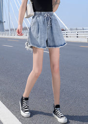 Women Light Blue Elastic Waist drawstring Asymmetrical Pockets Cotton Denim Short Pants Summer