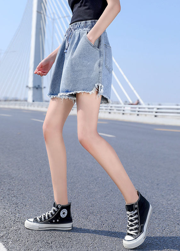 Women Light Blue Elastic Waist drawstring Asymmetrical Pockets Cotton Denim Short Pants Summer