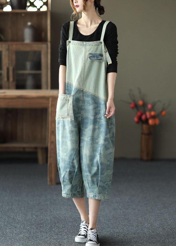 Women Light Blue Pockets Patchwork Jumpsuit Shorts Cotton - SooLinen