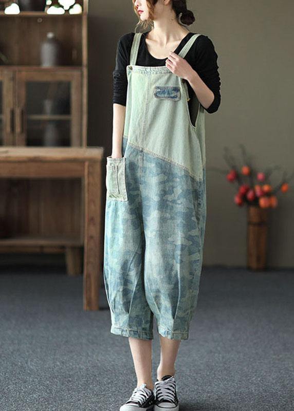 Women Light Blue Pockets Patchwork Jumpsuit Shorts Cotton - SooLinen