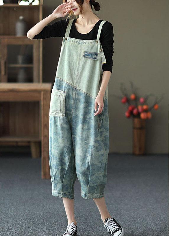 Women Light Blue Pockets Patchwork Jumpsuit Shorts Cotton - SooLinen