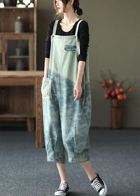 Women Light Blue Pockets Patchwork Jumpsuit Shorts Cotton - SooLinen