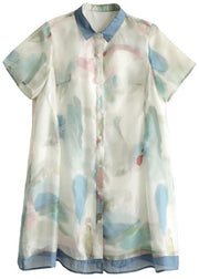 Women Light Green Button Print Summer Vacation Dress Short Sleeve - SooLinen