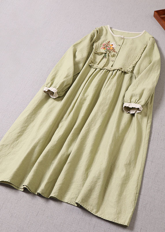 Women Light Green O-Neck Embroideried Patchwork Dress Spring