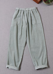 Women Light Green Pockets Corduroy Pants Winter