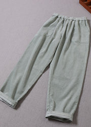 Women Light Green Pockets Corduroy Pants Winter