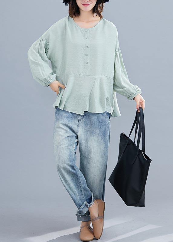 Women Light Green asymmetrical design Long sleeve Cotton Linen Summer Blouses - SooLinen