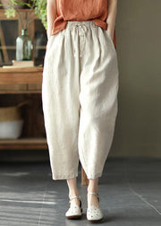 Women Linen Colour Drawstring Pockets Elastic Waist Linen Crop Pants Summer