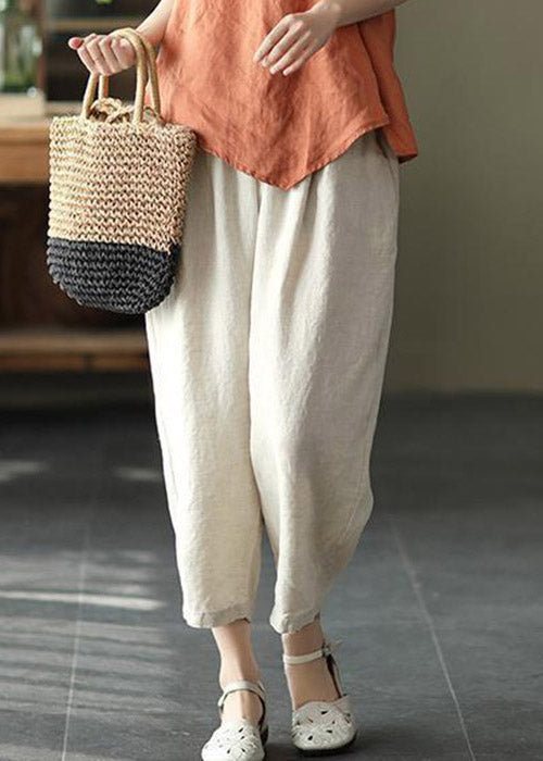 Women Linen Colour Drawstring Pockets Elastic Waist Linen Crop Pants Summer