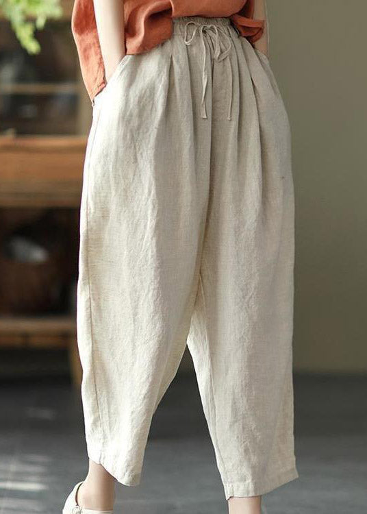 Women Linen Colour Drawstring Pockets Elastic Waist Linen Crop Pants Summer