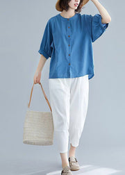 Women Navy O-Neck Button Linen Blouses Half Sleeve