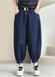 Women Navy Solid Elastic Waist drawstring Pockets Cotton Denim Beam Pants Summer