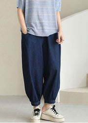 Women Navy Solid Elastic Waist drawstring Pockets Cotton Denim Beam Pants Summer