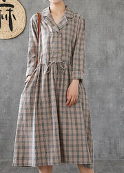 Women Notched drawstring linen cotton Tunics Fashion Ideas green plaid Dress - SooLinen