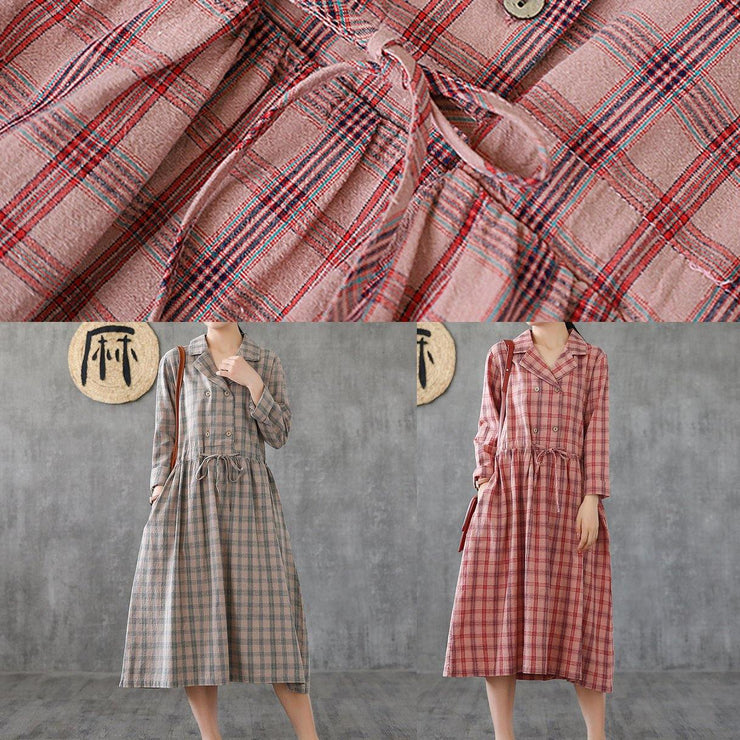 Women Notched drawstring linen cotton Tunics Fashion Ideas green plaid Dress - SooLinen