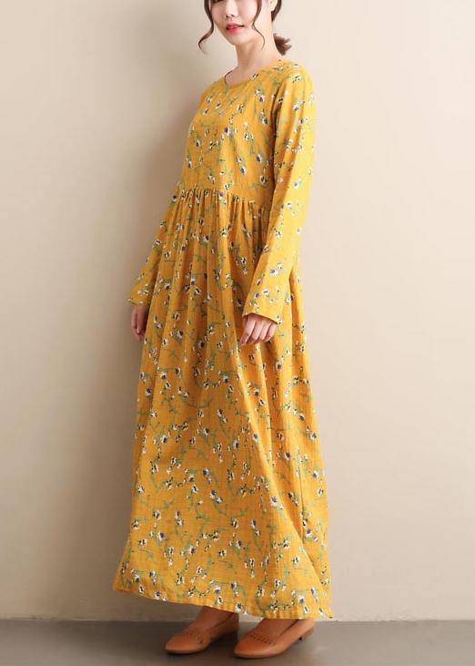 Women O Neck Cinched Dresses Yellow Print Robe Dress - SooLinen