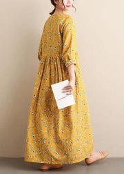 Women O Neck Cinched Dresses Yellow Print Robe Dress - SooLinen