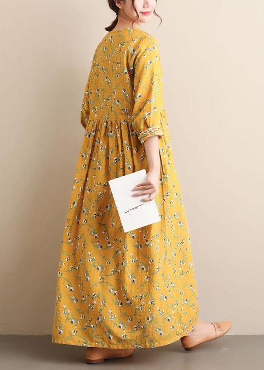 Women O Neck Cinched Dresses Yellow Print Robe Dress - SooLinen