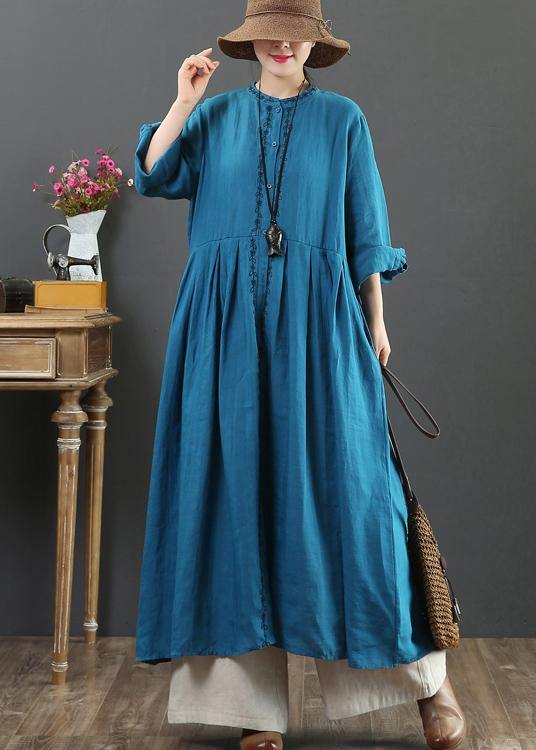 Women O Neck Cinched Spring Dresses Neckline Blue Robes Dress - SooLinen