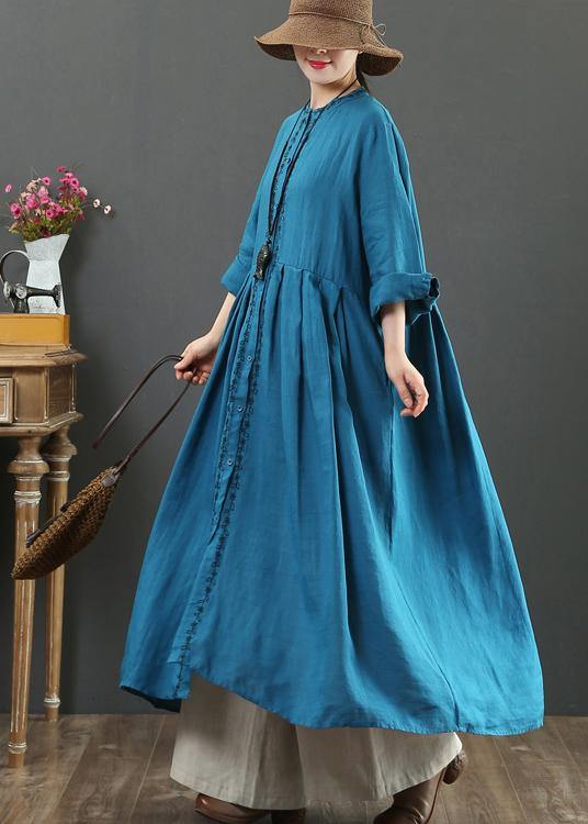 Women O Neck Cinched Spring Dresses Neckline Blue Robes Dress - SooLinen