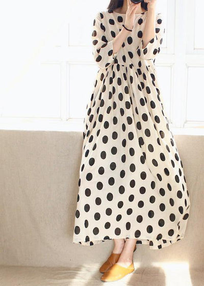 Women O Neck Cinched Wardrobes Design Beige Dotted A Line Dress - SooLinen