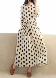 Women O Neck Cinched Wardrobes Design Beige Dotted A Line Dress - SooLinen