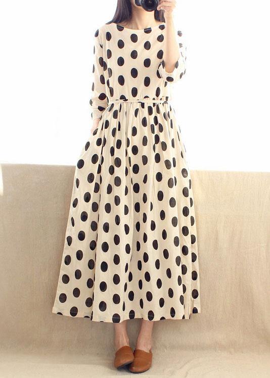 Women O Neck Cinched Wardrobes Design Beige Dotted A Line Dress - SooLinen