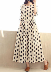 Women O Neck Cinched Wardrobes Design Beige Dotted A Line Dress - SooLinen