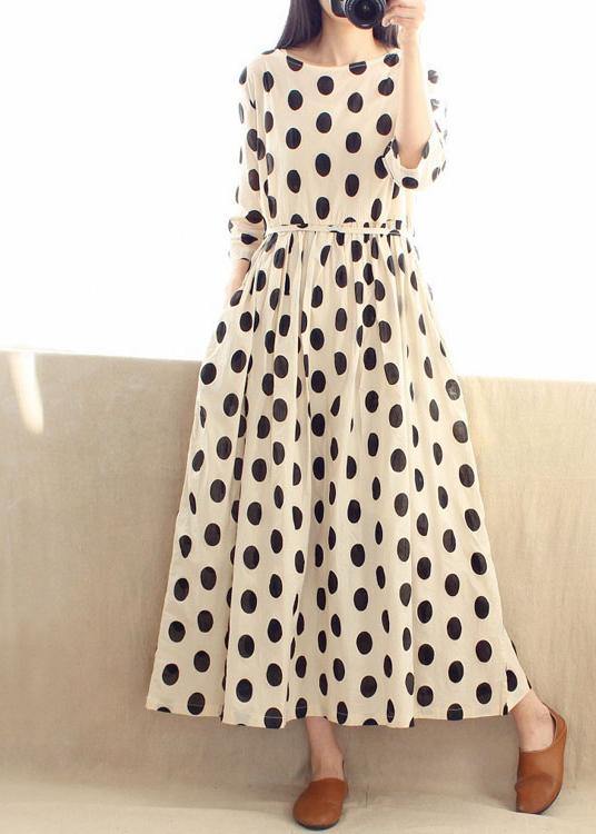 Women O Neck Cinched Wardrobes Design Beige Dotted A Line Dress - SooLinen