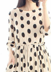 Women O Neck Cinched Wardrobes Design Beige Dotted A Line Dress - SooLinen