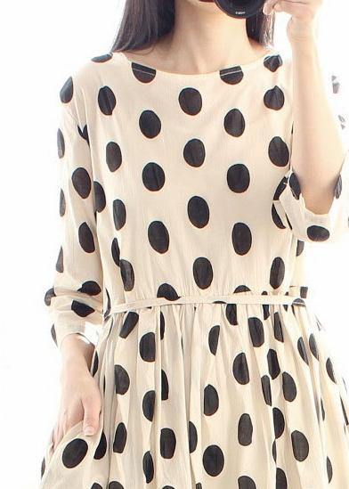 Women O Neck Cinched Wardrobes Design Beige Dotted A Line Dress - SooLinen