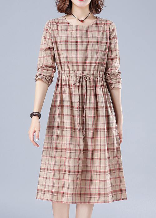 Women O Neck Drawstring Spring Clothes Ideas Nude Plaid Dresses - SooLinen